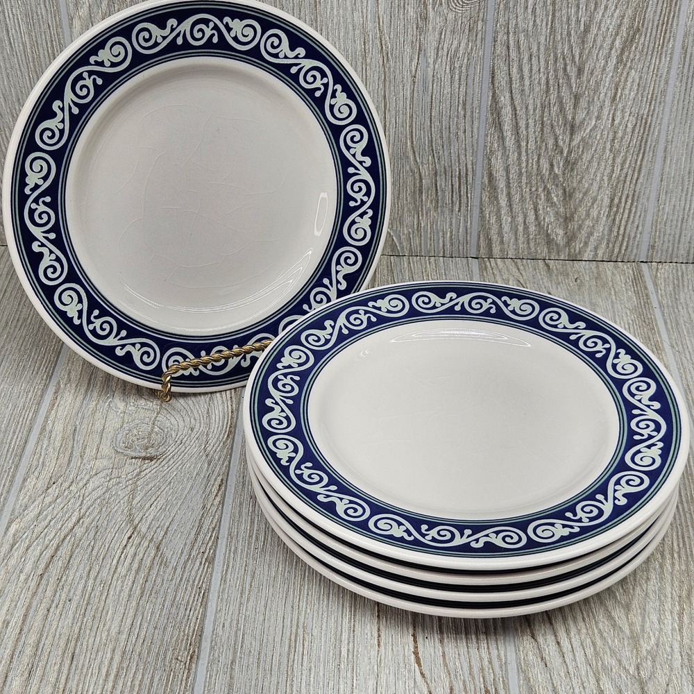 Pier 1 Vitra Scroll Salad Plates Set of 5 Navy Blue White Ironstone Brazil 8"